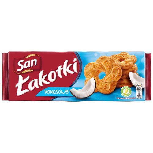 Opakowanie ciastek San Łakotki Kokosowe. Czerwono-niebieska paczka z grafiką złotych ciastek w kształcie pierścieni i kawałków kokosa.