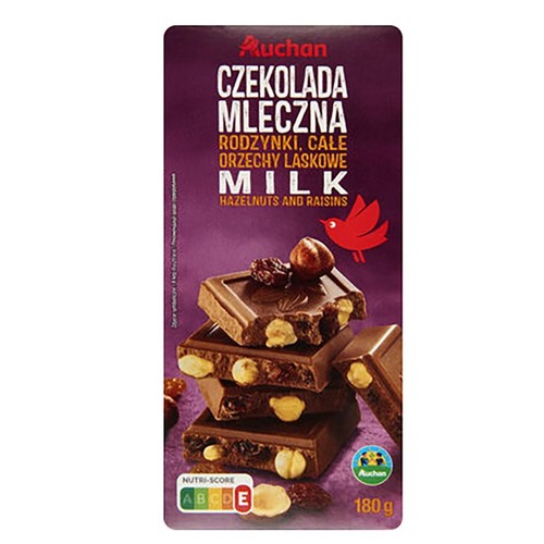 Czekolada mleczna z rodzynkami i orzechami laskowymi Auchan 180 g