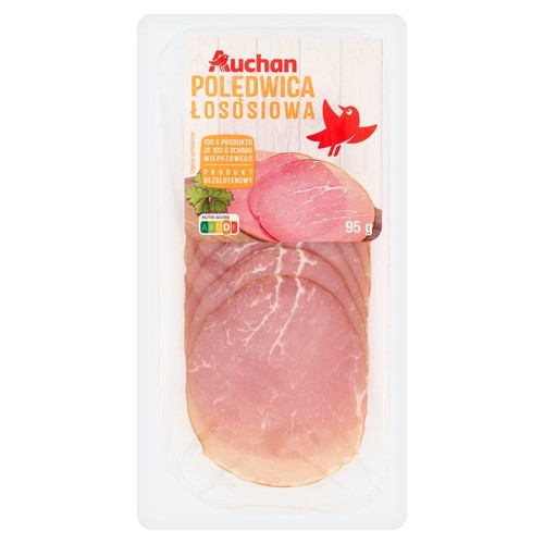 Opakowanie Auchan Polędwicy Łososiowej, 95 g. Widoczne ułożone plasterki różowej wędliny wieprzowej. Produkt bezglutenowy.