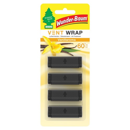 Produkt Wunder-Baum Vent Wrap, odświeżacz samochodowy w formie 4 czarnych wkładów do wentylacji. Na opakowaniu widnieje nazwa produktu, logo choinki oraz grafika kwiatu i lasek wanilii. Zapewnia świeży zapach wanilii przez 60 dni.