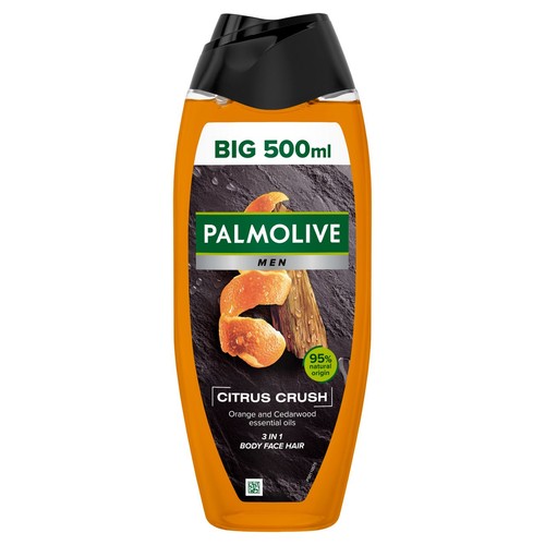 Pomarańczowa butelka żelu pod prysznic Palmolive Men Citrus Crush 3 w 1. Zawiera olejki eteryczne z pomarańczy i cedru.