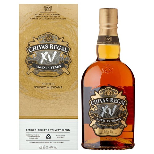 Chivas Regal XV, 15-letnia szkocka whisky mieszana, finiszowana w beczkach po koniaku Grande Champagne. Butelka 700 ml i złote opakowanie kartonowe. Zawartość alkoholu 40% obj.