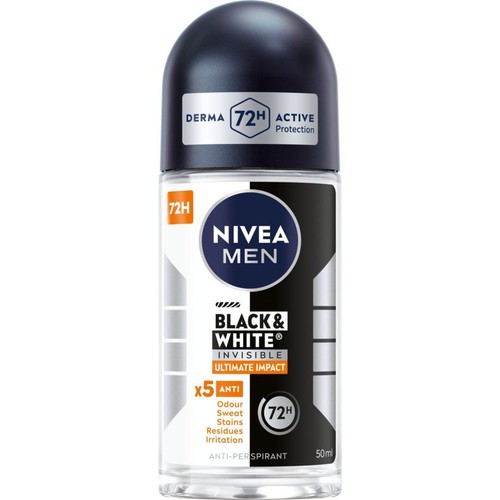 Antyperspirant Nivea Men Black & White Invisible Ultimate Impact w przezroczystej butelce 50 ml z czarną zakrętką. Zapewnia 72h ochrony.
