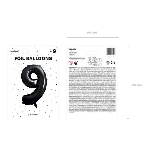 Balon foliowy Cyfra '9' 86cm czarny (1 op. / 1 szt.) PartyDeco 1 sztuka