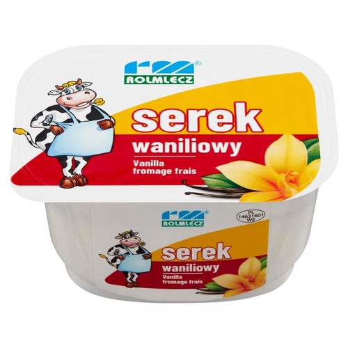 Biały kubek serka waniliowego marki Rolmlecz. Etykieta z krową, napisem "serek waniliowy" i wanilią.