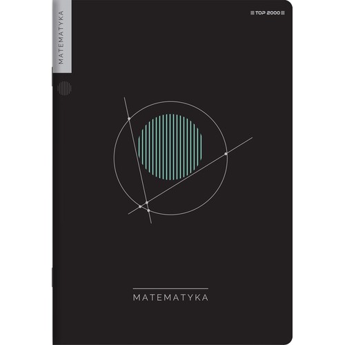 Zeszyt "MATEMATYKA" TOP 2000. Czarna okładka z minimalistycznym, geometrycznym wzorem. Widoczny duży okrąg, dwie linie i mniejszy okrąg z jasnoniebieskimi pionowymi paskami.