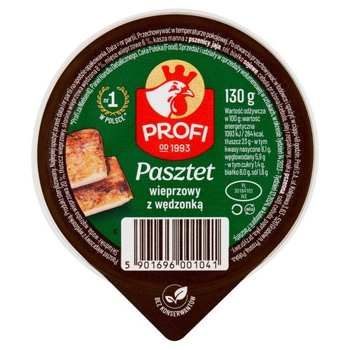 Okrągłe opakowanie pasztetu wieprzowego z wędzonką marki Profi, 130 g. Na zielonej etykiecie widnieje logo kurczaka, napis "nr 1 w Polsce" oraz "Bez konserwantów". Widoczne są również dwa kawałki wędzonki.