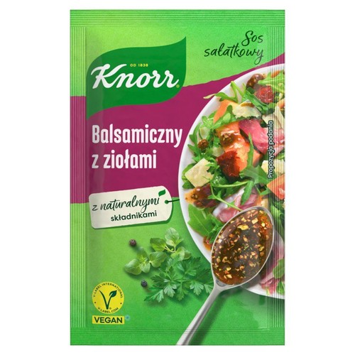 Opakowanie Knorr Sos sałatkowy Balsamiczny z ziołami. Zielono-fioletowa saszetka z grafiką sałatki i łyżki sosu. Vegan.