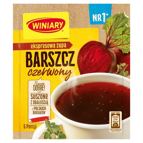 Opakowanie Winiary Barszcz czerwony, ekspresowa zupa z polskich buraków, 5 porcji. Na etykiecie grafika buraków i miska zupy.