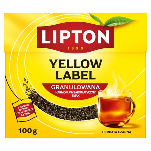 Opakowanie herbaty Lipton Yellow Label, granulowana, 100g. Z liśćmi herbaty z Kenii.
