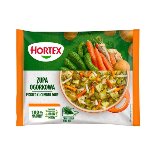 Opakowanie zupy ogórkowej Hortex. Na zielonym tle grafika warzyw i miski zupy. Napis: 100% natury, wysoka zawartość błonnika.