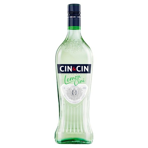 Szklana butelka wermutu Cin&Cin Lemoncini 14%. Na czarnej etykiecie widnieje białe logo "CIN & CIN" oraz zielony napis "Lemon Cini". Butelka ma ciemną zakrętkę i zieloną banderolę z napisem "Oryginalna receptura".