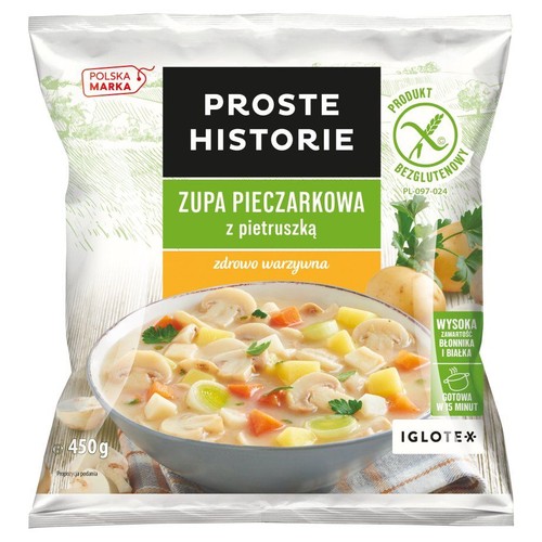 Zupa pieczarkowa z pietruszką Proste Historie, 450g. Bezglutenowa, zdrowa, warzywna, gotowa w 15 minut. Wysoka zawartość błonnika i białka.