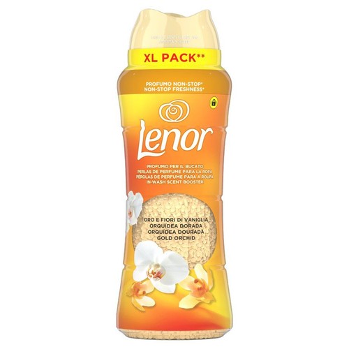 Opakowanie perełek zapachowych Lenor Gold Orchid, XL Pack. Zapewnia non-stop świeżość. Żółto-pomarańczowa butelka.