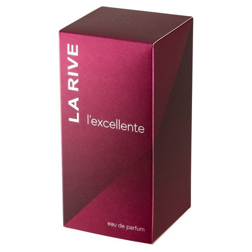 Pionowe, bordowe pudełko z napisem LA RIVE l'excellente woda perfumowana.