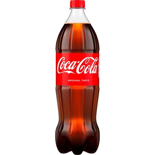 Butelka Coca-Coli z czerwoną etykietą i białym napisem "Coca-Cola Oryginalny Smak". Czerwona zakrętka.