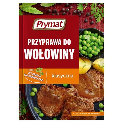 Opakowanie przyprawy Prymat do wołowiny, klasyczna. Z grafiką gotowanego mięsa, groszku i ziemniaków. Bez glutaminianu sodu.