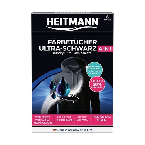 Opakowanie Heitmann Ultra-Schwarz 4 w 1, chusteczki do prania. Przywracają intensywną czerń, 6 sztuk.