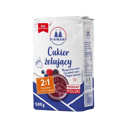 Opakowanie cukru żelującego Diamant 2:1, 500g. Biała torba z grafiką owoców i dżemu. Bez konserwantów.