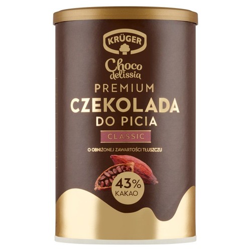 Cylindryczne opakowanie czekolady do picia KRÜGER Choco delissia Premium Classic. Produkt zawiera 43% kakao i ma obniżoną zawartość tłuszczu. Na etykiecie widoczne są grafiki przedstawiające strąki kakao.