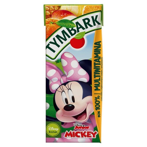 Kartony Tymbark 100% Multiwitamina z wizerunkiem Minnie Mouse. Produkt Disney Junior Mickey, częściowo z zagęszczonych soków.