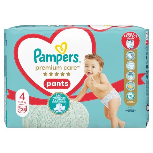 Opakowanie pieluchomajtek Pampers Premium Care Pants, rozmiar 4 (9-15 kg), 38 sztuk. Niebieskie tło z grafiką uśmiechniętego dziecka.
