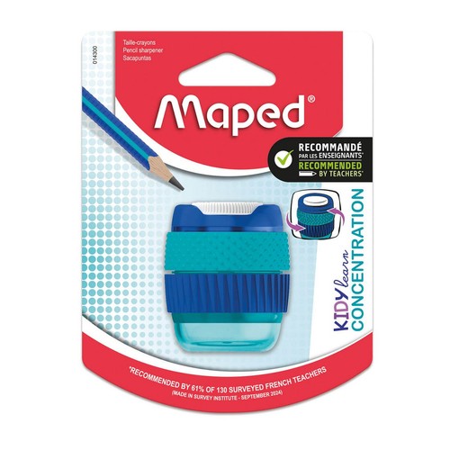 Temperówka Maped Kidy Learn Concentration w opakowaniu typu blister. Posiada niebiesko-turkusowy korpus z ryflowanym uchwytem i przezroczysty pojemnik na wiórki. Produkt jest rekomendowany przez nauczycieli.