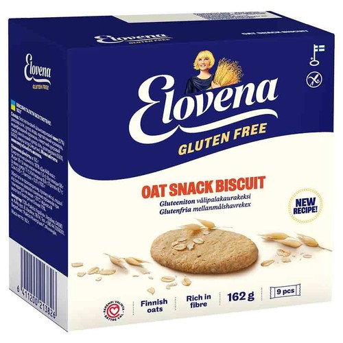 Niebiesko-białe opakowanie ciastek owsianych Elovena, bezglutenowych. Na froncie grafika pojedynczego ciastka owsianego z ziarnami owsa. Opakowanie zawiera 9 sztuk, waży 162g i jest bogate w błonnik.