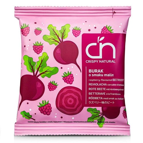 Torebka Crispy Natural, suszone plastry buraków o smaku malinowym z witaminami. Na opakowaniu grafiki buraków i malin.