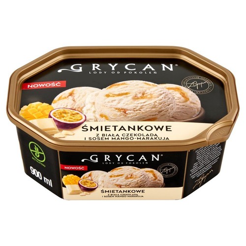 Sześciokątne opakowanie lodów Grycan, smak śmietankowy z białą czekoladą i sosem mango-marakuja. Pojemność 900 ml.