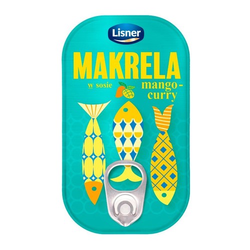 Puszka Lisner Makrela w sosie mango-curry. Na turkusowym tle trzy stylizowane ryby i uchwyt do otwierania.