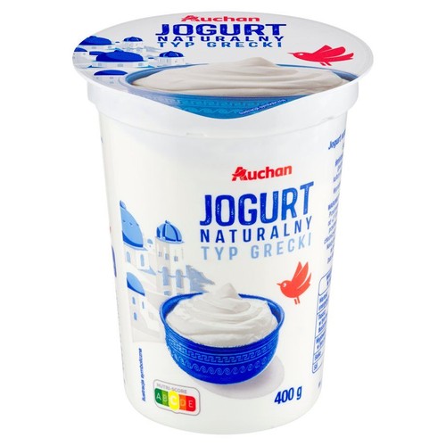 Kubek jogurtu greckiego Auchan, 400 gramów. Białe opakowanie z grafiką białego jogurtu w niebieskiej misce i motywami greckimi.