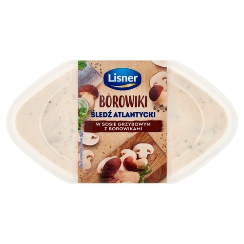 Opakowanie śledzia Lisner Borowiki w sosie grzybowym z borowikami. Przezroczysty pojemnik z kremowym sosem. Etykieta zawiera logo Lisner, nazwę produktu oraz ilustracje borowików, pieczarek i kawałków śledzia.