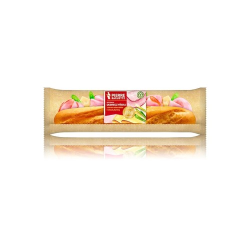 Zapakowana bagietka Pierre Baguette Oryginalna Debreczyńska. Na opakowaniu grafika z szynką, serem i warzywami.