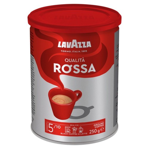 Czerwono-srebrna puszka kawy mielonej Lavazza Qualità Rossa, 250g. Idealna do czarnej kawy i latte.