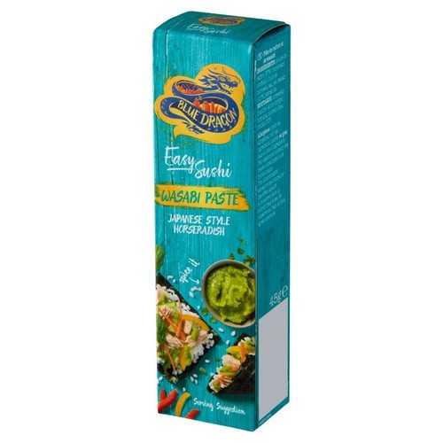 Wasabi Paste Blue Dragon, japoński chrzan, 45g. Turkusowe pudełko z logo smoka i grafiką sushi.