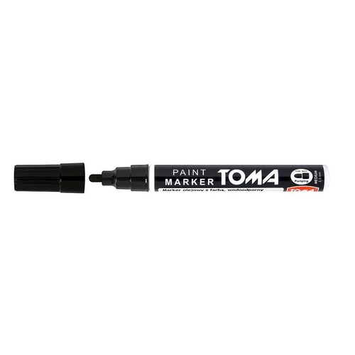 Czarny marker olejowy TOMA z farbą, wodoodporny, z widoczną zdjętą skuwką. Na korpusie markera znajduje się biały napis "PAINT MARKER" oraz logo TOMA. Grubość linii to średnie 2.5 mm, a marker posiada mechanizm pompowania.