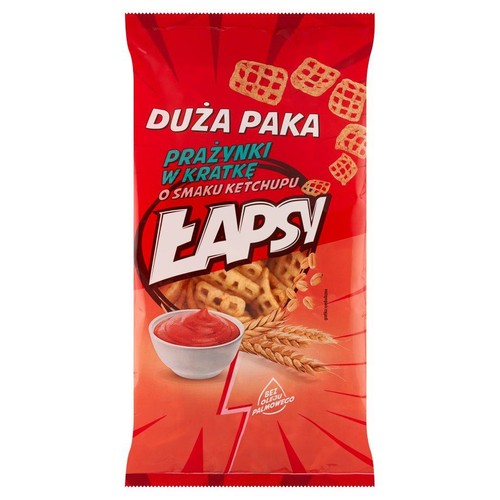 Czerwona paczka prażynek Lapsy w kratkę o smaku ketchupu. Na opakowaniu miseczka ketchupu i kłosy zboża.