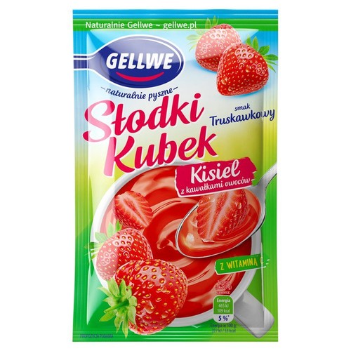 Saszetka kisielu Gellwe Słodki Kubek truskawkowy z kawałkami owoców. Widoczna miska kisielu z truskawkami.