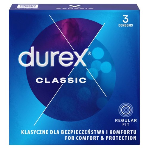 Opakowanie prezerwatyw Durex Classic, 3 sztuki, Regular Fit. Zapewniają bezpieczeństwo i komfort.