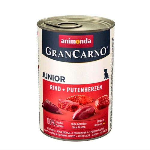 Karma dla juniorów Animonda GranCarno, wołowina i serca indycze. Bez zbóż, bez glutenu. Wyprodukowano w Niemczech.