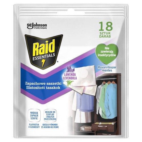 Opakowanie 18 saszetek zapachowych Raid Essentials o zapachu lawendy. Idealne do szaf i małych przestrzeni.