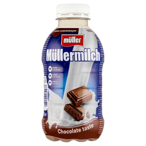 Müllermilch czekoladowy w butelce 400 ml. Etykieta z grafiką mleka i czekolady. Produkt wzbogacony witaminami.