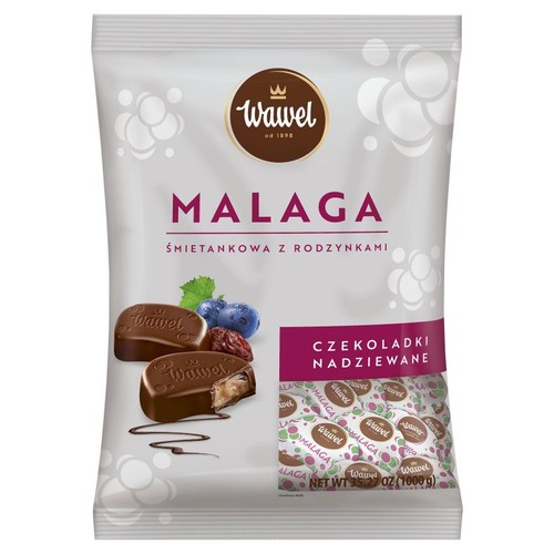 Opakowanie czekoladek Wawel Malaga śmietankowych z rodzynkami, 1 kg. Na opakowaniu ilustracja czekoladek i składników.