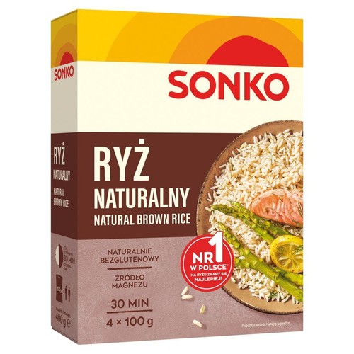Ryż Sonko Naturalny Brązowy w kartonowym opakowaniu, 4x100g. Na froncie zdjęcie propozycji podania z krewetkami.