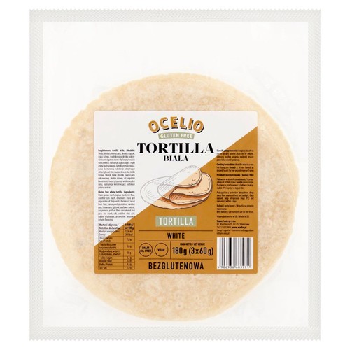 Ocelio Tortilla Biała, bezglutenowa, wegańska, bez oleju palmowego. Waga netto 180g (3 placki po 60g).