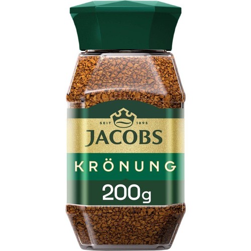 Kawa rozpuszczalna Jacobs Krönung w szklanym słoiku 200g. Zielono-złota etykieta z napisem "Od 1895".