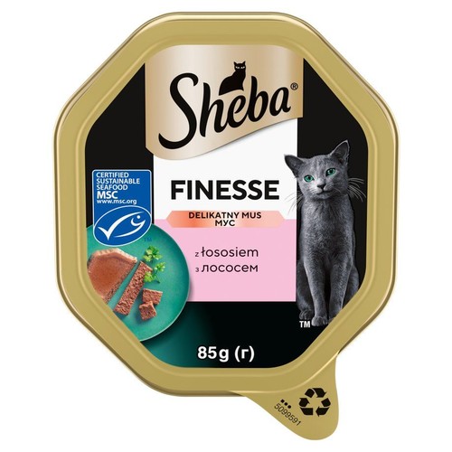 Tacka karmy Sheba Finesse mus z łososiem 85g. Na opakowaniu logo MSC i grafika musu z łososiem.