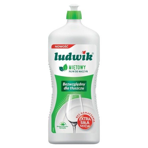 Biała butelka płynu do naczyń Ludwik Miętowy. Na etykiecie napis "NOWOŚĆ" i "Bezwzględny dla tłuszczu".