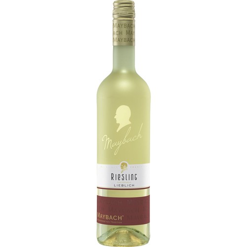 Wino Maybach Riesling Lieblich w przezroczystej butelce. Na beżowej etykiecie widnieje złoty profil głowy i nazwa Maybach. Poniżej biała etykieta z napisem Riesling, słowem "Półsłodkie" i małą grafiką czaszki. Dolna etykieta jest bordowa.
